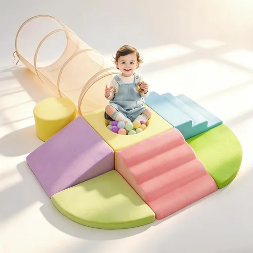 Bloques de escalada de espuma a gran escala con túnel de arrastre y tela suave, gimnasio de juego interior de 7 + 1 pieza para niños pequeños y