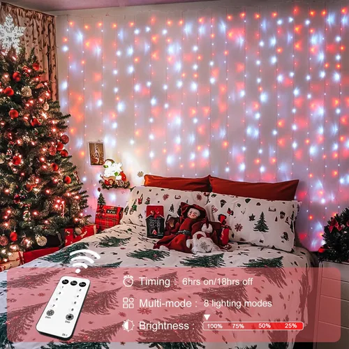 Vista 4 de JMEXSUSS - Cadena de luces de Navidad rojas y blancas de 300 LED con control remoto, luces de cortina de Navidad de 9.8x9.8 pies, enchufe, 8 modos