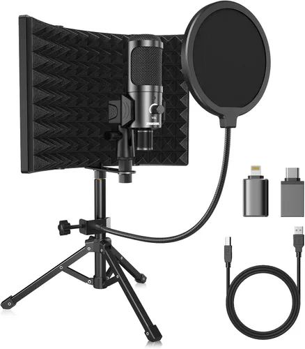 Escudo de aislamiento de micrófono de grabación de estudio con filtro pop y trípode de metal, micrófono condensador USB para PC, portátil, teléfono