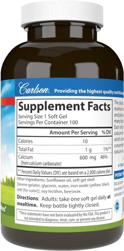 Vista 2 de Carlson - Cal-600, 600 mg de calcio, apoyo óseo, dientes sanos y bienestar óptimo, 100 cápsulas blandas