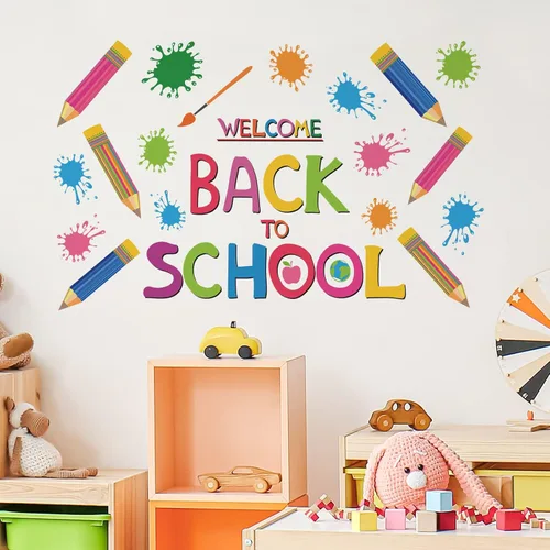 Vista 4 de Calcomanías de pared de bienvenida de regreso a clases, calcomanías de pared de crayón de colores para el primer día de escuela, murales de pared