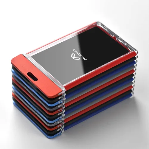 Vista 7 de Phomo Portatarjetas de identificación de aluminio con clip de metal y cordón de identificación, soporte vertical transparente para tarjetas