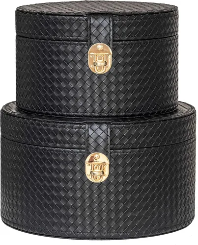 Vista 9 de Juego de 2 cajas decorativas redondas de cuero artificial azul con hebilla decorativa negra para decoración del hogar