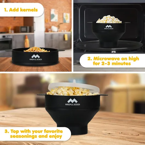Vista 3 de El original Mindful Design - Palomitero plegable para microondas, recipiente de silicona, sin BPA y apto para lavavajillas (Negro)