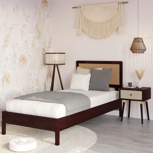 Vista 6 de Bme Nipe - Base de cama bohemia de 14 pulgadas con cabecera tejida ajustable, estilo único rústico y vintage con madera de acacia, no necesita
