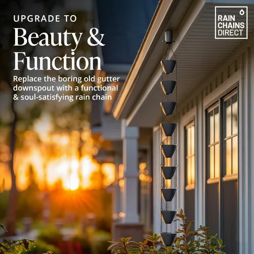 Vista 2 de Rain Chains Direct - Cadena de lluvia de cuencos en cascada - Flujo de lluvia intensa - para caídas de 8-10 pies - De alta resistencia - Tazas