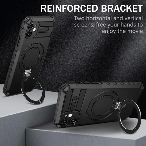 Vista 5 de Funda magnética para iPhone 11 [compatible con MagSafe] con 2 protectores de pantalla de vidrio templado con soporte de anillo, grado militar