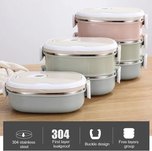 Vista 5 de LIZEALUCKY Caja Bento Contenedor de alimentos aislado con asa plegable, lonchera caliente apilable portátil de acero inoxidable aislada lonchera