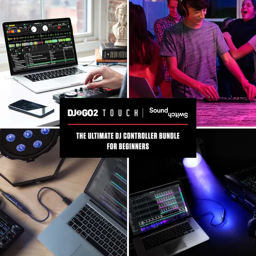Vista 7 de Paquete de controlador DJ y DMX - Controlador DJ con 2 cubiertas, interfaz DMX y Serato DJ Lite – Numark DJ2GO2 Touch y interfaz DMX SoundSwitch