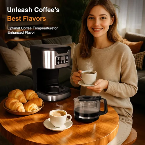 Vista 7 de Cafetera programable de 12 tazas, máquina de café de preparación y goteo, totalmente automática, ajuste de 1-4 tazas, de acero inoxidable, función