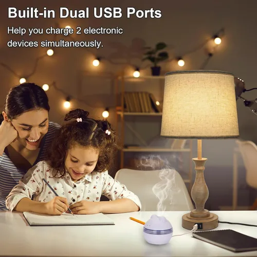 Vista 4 de Juego de 2 lámparas táctiles para dormitorios, lámpara de mesa de granja con puertos de carga USB duales, lámparas de mesa de noche regulables de 3