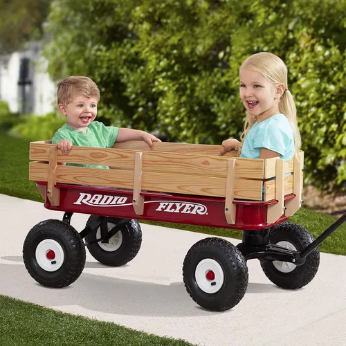 Vista 7 de 32 vagones de acero y madera todo terreno Radio Flyer , Rojo All-Steel Body with Wood Sides, 10” All-Terrain Rubber Tires, Extra-Long Handle Folds