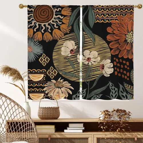 MitoVilla Cortinas de cocina negras estilo boho de 39 pulgadas de largo, cortinas cortas estilo bohemia para ventana pequeña de café, cocina, baño,
