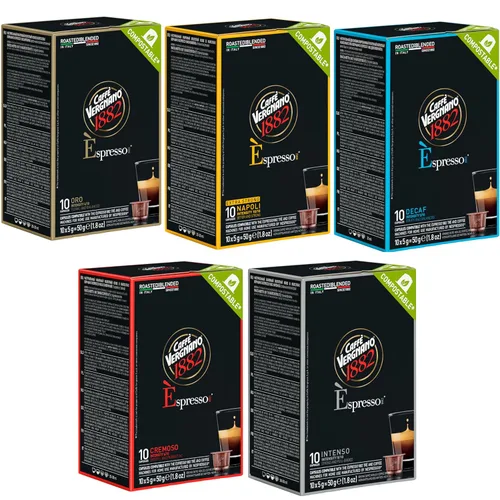 Caffè Vergnano 1882 50 unidades Oro, Cremoso, Intenso, Napoli y Decaffeinato Línea Original Cápsulas compatibles con máquinas, variedad de café