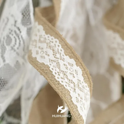 Vista 5 de HUIHUANG Cinta de arpillera con cinta de encaje con cable, cinta de arpillera de yute de encaje blanco para coronas, manualidades rústicas, lazos