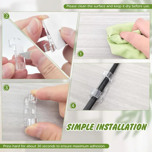 Vista 3 de Quacc 40 clips transparentes para organizar cables, clips autoadhesivos para cables, soportes de cables para PC, Ethernet, TV, automóvil, luz