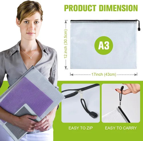 Vista 2 de Bolsa de malla con cremallera, 6 bolsas de malla de plástico impermeable con cremallera, bolsa de documentos tamaño A3, bolsas de archivos