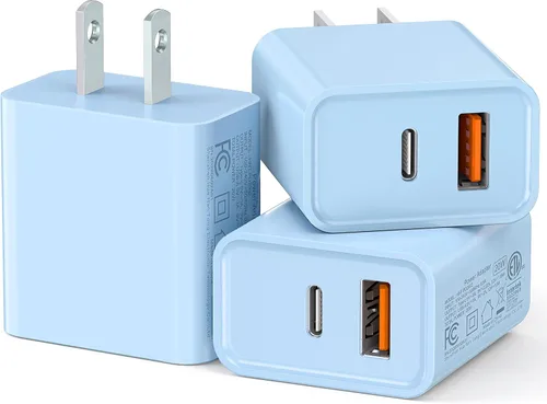Paquete de 3 cargadores de pared USB C, adaptador de corriente QC+PD 3.0 de doble puerto de 20 W, bloque de carga de doble enchufe rápido para Azul