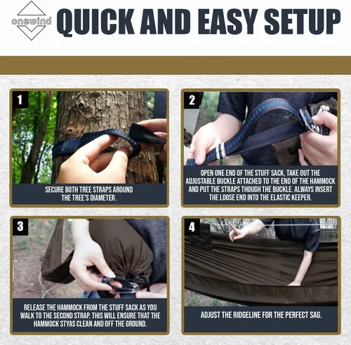 Vista 5 de Onewind Hamaca de Acampar de 11 pies con Mosquitera y Línea de Cresta Ajustable, Hamaca Doble Portátil Ligera con Correas para Árboles y Red