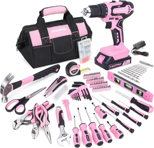 FASTPRO 232 piezas 20 V Rosa inalámbrico Taladro de iones de litio y juego de herramientas para el hogar, kit de herramientas de reparación para el