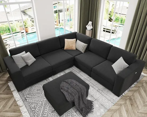Vista 20 de Sofás seccionales para sala de estar, sofá modular en forma de L con otomana, juego de muebles de sofá beige en forma de U, 6 piezas, modernos sofás