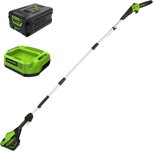Greenworks 60V sierra de poste sin cable sin escobillas de 10 pulgadas, alcance de 14.5 pies, batería de 2.0Ah y cargador