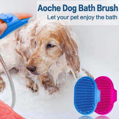 Vista 6 de Cepillo de baño para perros, cepillo de baño para mascotas, peine de goma para masaje relajante, 2 piezas con mango de anillo ajustable para perros