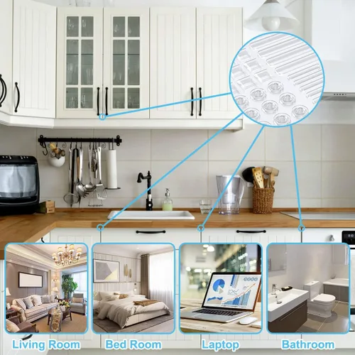 Vista 4 de Parachoques para puerta de gabinete, 61 almohadillas de goma suave transparente, tapones de gabinete autoadhesivos fuertes multiformas, adecuados