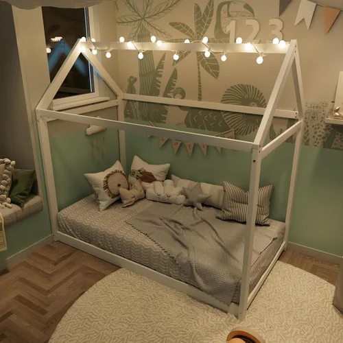 Vista 16 de Merax Cama de casa de madera, cama de piso con listones de madera, no necesita somier, tamaño individual, gris