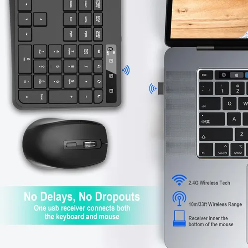 Vista 2 de Combo de teclado y mouse inalámbricos, EarlyLit 2.4G ergonómico de tamaño completo, mouse y teclado USB inalámbricos, 12 teclas de acceso directo