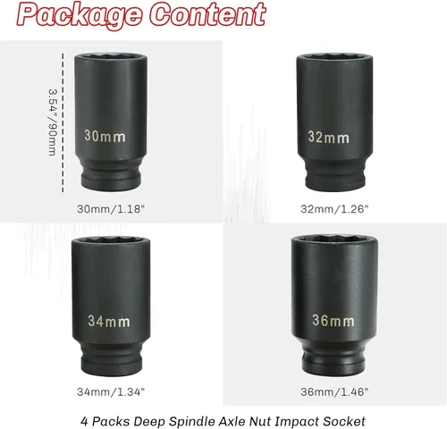 Vista 2 de Juego de llaves de impacto de accionamiento de 1/2 pulgada de servicio pesado Juego de 4 llaves de eje profundo de tuerca de eje, CR-MO, métrico