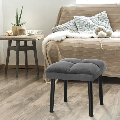 Vista 17 de HOUCHICS Taburete otomano negro, taburete cuadrado de maquillaje con patas de madera, taburetes otomanos pequeños para tocador, taburete acolchado