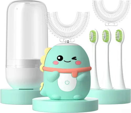 Cepillo de dientes eléctrico en forma de U para niños pequeños con 5 cabezales de cepillo, cepillos de dientes ultrasónicos de dinosaurio de dibujos
