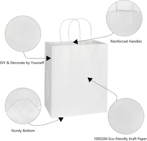 Vista 7 de Toovip Cada paquete de 100 bolsas pequeñas de papel kraft marrón y blanco medio con asas a granel