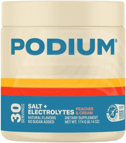 Podium Nutrition Sal de entrenamiento + electrolitos en polvo, melocotones y crema, hidratación después del entrenamiento y apoyo para la