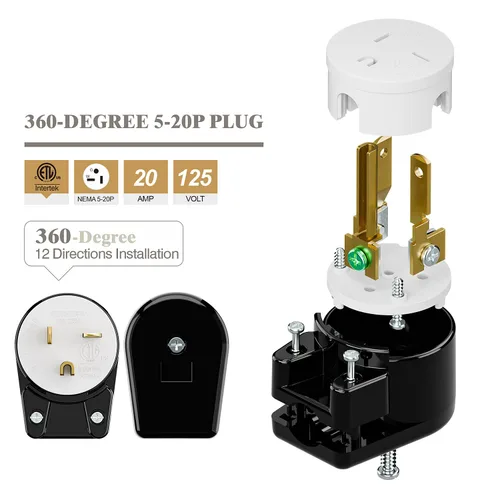 Vista 5 de Enchufe de CA macho de 3 clavijas, ángulo recto ETL Nema 5-20P 3 polos DIY rewirable, 20A 125V USA 3Pin AC Connector, enchufe giratorio de 12