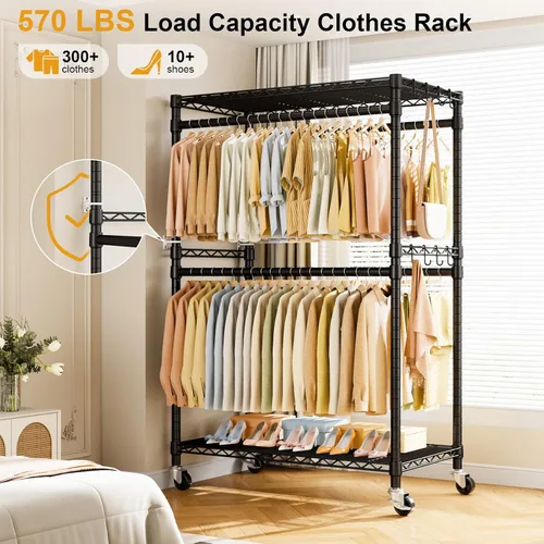 Vista 2 de ULIFHOME P4 Plus Perchero Rodante de Ropa Resistente, Percheros de Ropa para Colgar Ropa, Percheros de Vestir Independientes con Ruedas, Perchero