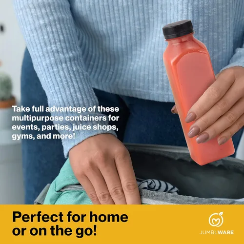 Vista 7 de JumblWare Juego de 40 botellas reutilizables de jugo de plástico transparente de 16 onzas con embudo, cepillo de limpieza y etiquetas