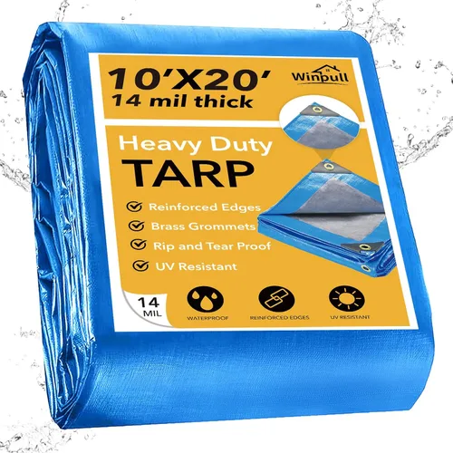 Vista 11 de Winpull Lona 8x10 Pies 14 Mil Resistente Impermeable, Cubierta Grande Multiusos con Ojales de Latón y Bordes Reforzados, Lonas de Polietileno