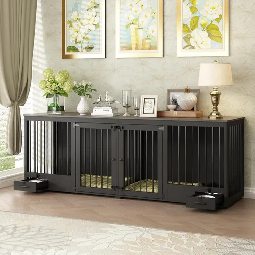 Vista 7 de Mueble estilo jaula para perros grande para 2 perros, perrera de madera resistente de 86.6" con cajones y divisor para comedero de perros, perrera