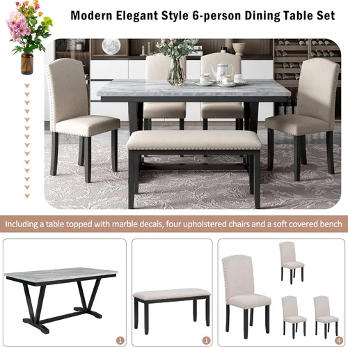 Vista 3 de Juego de mesa de comedor para 6, mesa de comedor rectangular de madera con 4 sillas tapizadas y un banco, mesa de chapas de mármol con patas de mesa