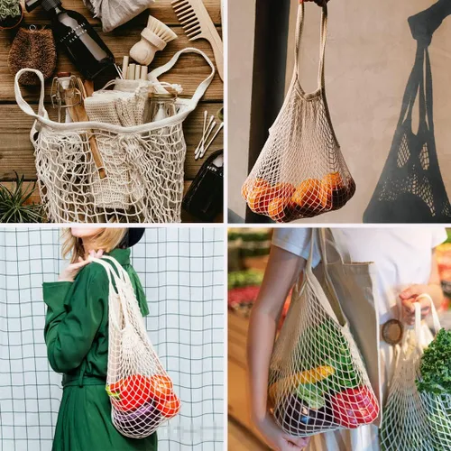 Vista 4 de Bolsa de malla de almacenamiento de moda, bolsa de malla de frutas reutilizable, bolsa de malla de compras, bolsa de malla portátil de algodón puro