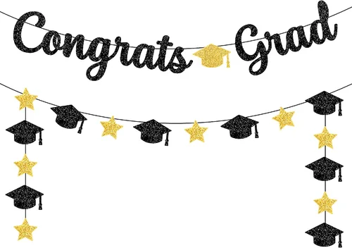 KatchOn, Cartel de graduación de felicitaciones negras y doradas con purpurina, 10 pies, pancarta de graduación negra y dorada, guirnalda de gorra