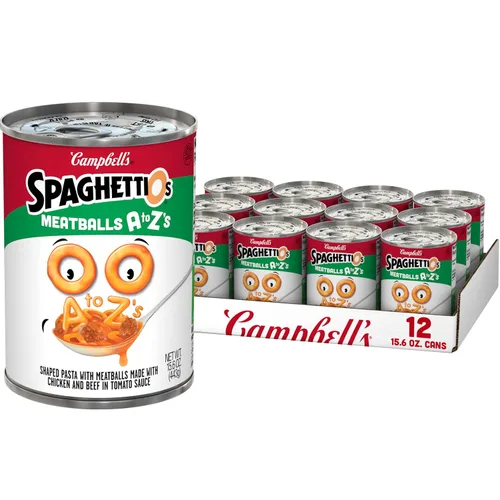 Vista 50 de SpaghettiOs Pasta enlatada con albóndigas A to Z's, lata de 15.6 onzas