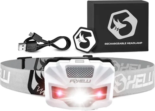 Vista 13 de Foxelli Linterna frontal LED recargable USB‑C – Ultraligero 2.4 oz y brillante 180 lúmenes – Luz roja/blanca, 5 modos, IPX5 impermeable, 40 horas