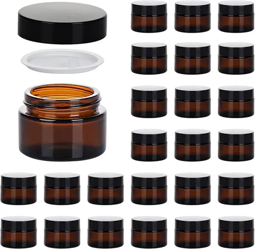 1 oz Tarro de vidrio con tapa, Hoa Kinh 30 paquete de tarros ámbar redondos con forros interiores y tapas negras, tarros de vidrio cosméticos para