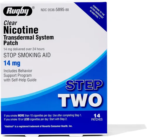 Parches de nicotina transparentes Rugby - Sistema transdérmico de 14mg - Ayuda para dejar de fumar o vapear - Paso 2 - 14 unidades (1 paquete)