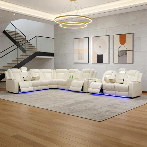 Vista 42 de Juego de sofá modular reclinable eléctrico para sala de estar, juego de sofá reclinable de cuero con luces LED / almacenamiento oculto, sofá en Beige