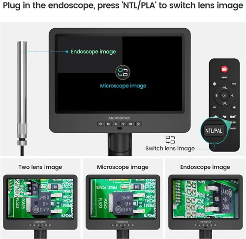 Vista 5 de Andonstar AD249S-M Microscopio digital HDMI de 3 lentes 2000x con endoscopio, grabación de video UHD 2160P LCD de 10.1 pulgadas, microscopio