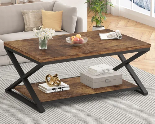 Vista 12 de HSH Mesa de sala de estar de madera de metal minimalista moderna negra con estante de almacenamiento, mesa central rectangular de 39 pulgadas y 2